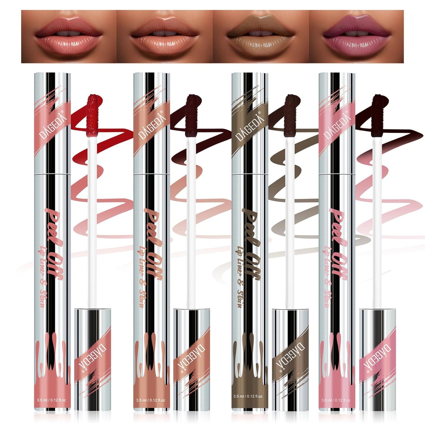 4 Colors Peel off Lip Liner, Peel off Lip Stain Set Tattoo Lip Liner with Tweezer,Waterproof, Long Lasting Lip Stain, Highly Pigmented Matte Finish Lip Tint Stain