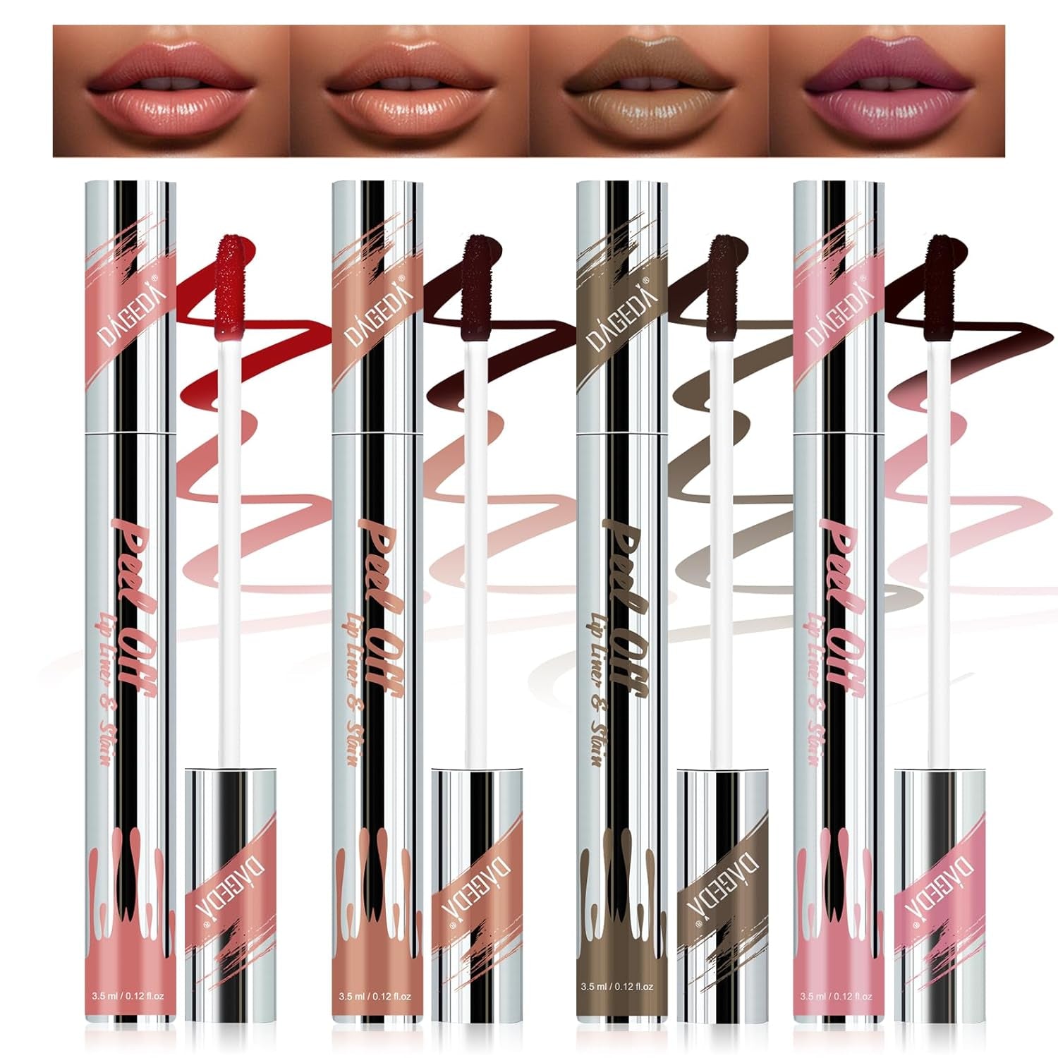 4 Colors Peel off Lip Liner, Peel off Lip Stain Set Tattoo Lip Liner with Tweezer,Waterproof, Long Lasting Lip Stain, Highly Pigmented Matte Finish Lip Tint Stain