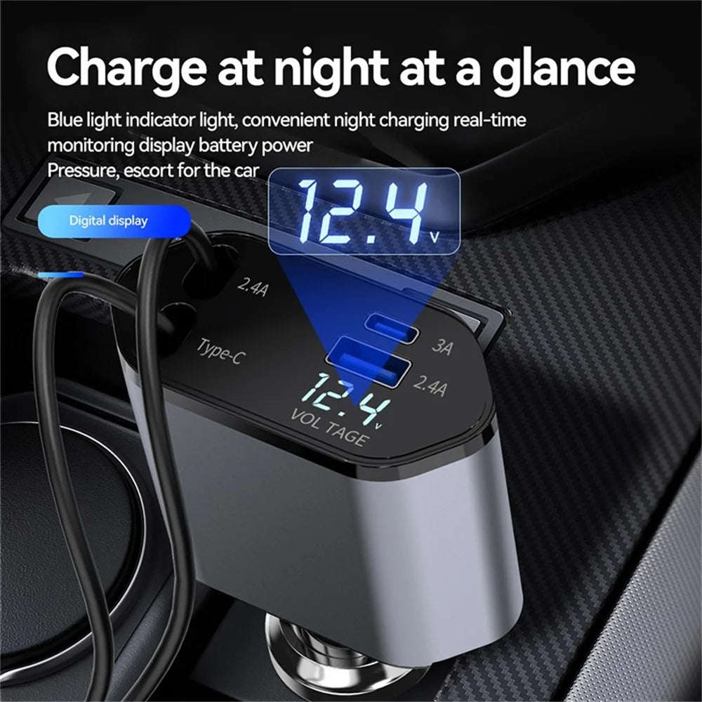 4 in 1 Retractable Car Charger, 100W Fast Car Phone Charger 