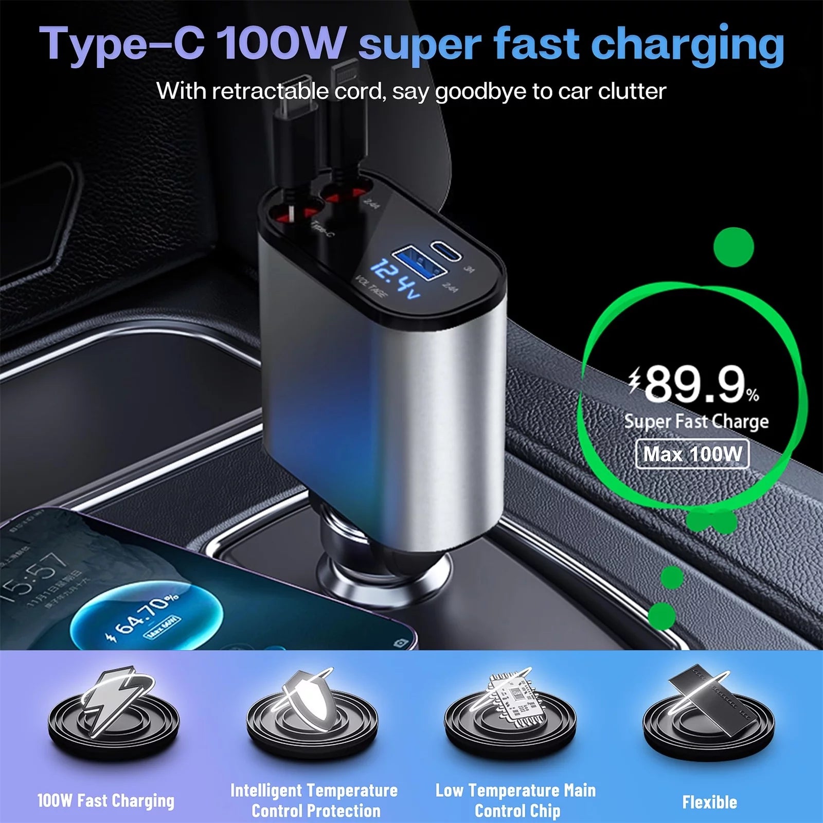 4 in 1 Retractable Car Charger, 100W Fast Car Phone Charger 